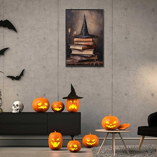 Miniatura 6 de HQPCNGZ Sombrero de bruja vintage en libros antiguos, pósteres espeluznantes de Halloween, lienzo de pared divertido gótico oscuro Academia, pintura