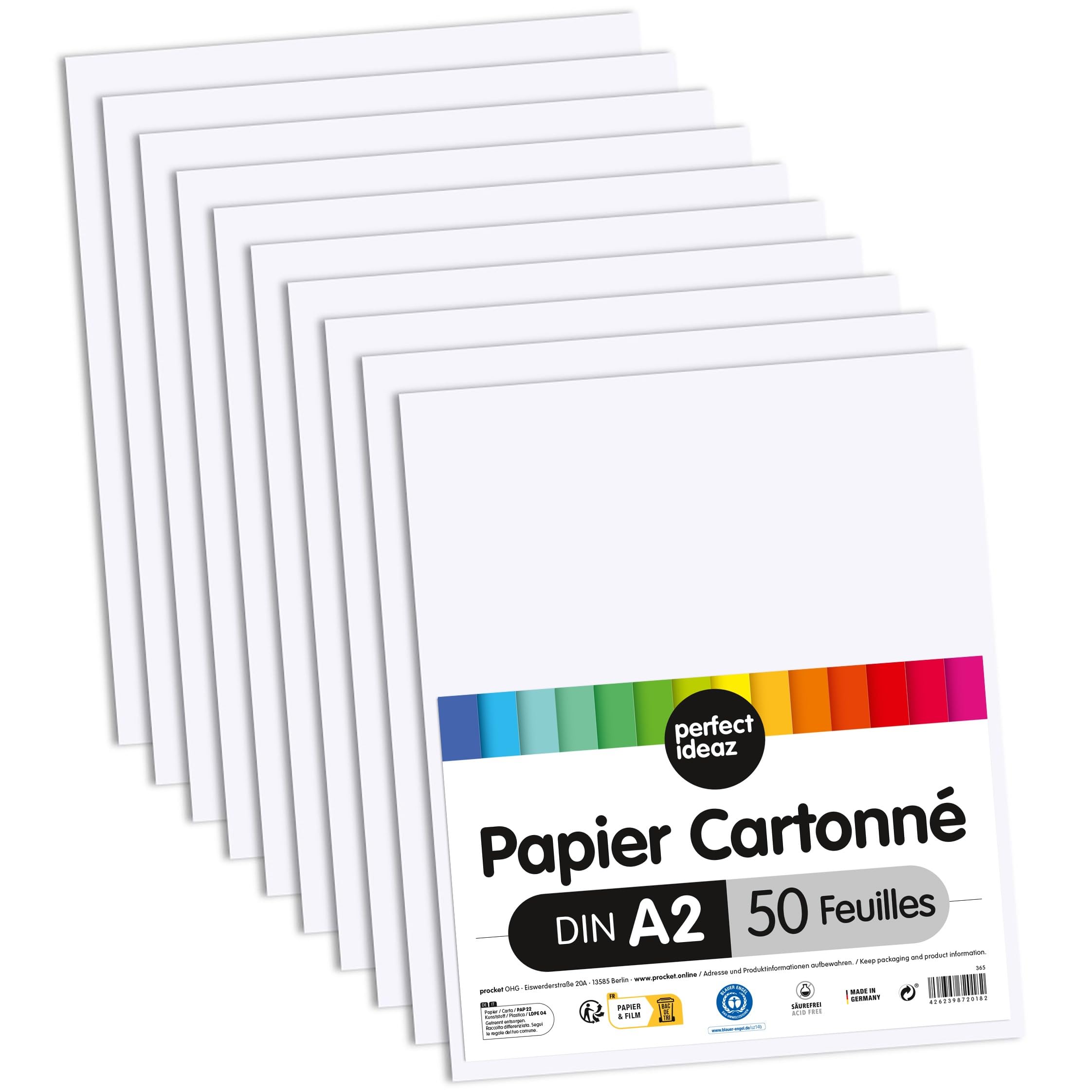 perfect ideaz - 50 feuilles de carton photo DIN-A2, blanc, carton recyclé stable 300 g/m², Made in Germany, certifié Ange Bleu