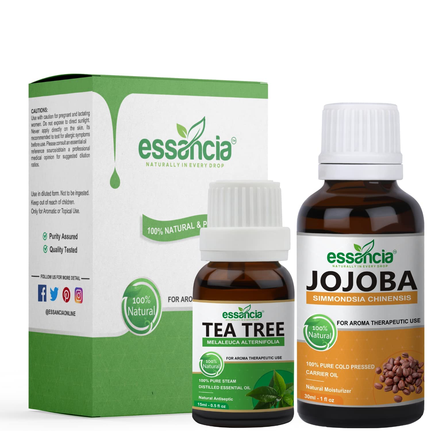 essancia - NATURALLY IN EVERY DROP Pack Of 2 Essential Oils + Carrier Oils Tea Tree & Jojoba Oils,Combo Set For Hair Growth,Skin Care,Acne-Prone Skin,Toe Nails,Lips,Diffuser & Aromatherapy, Natural