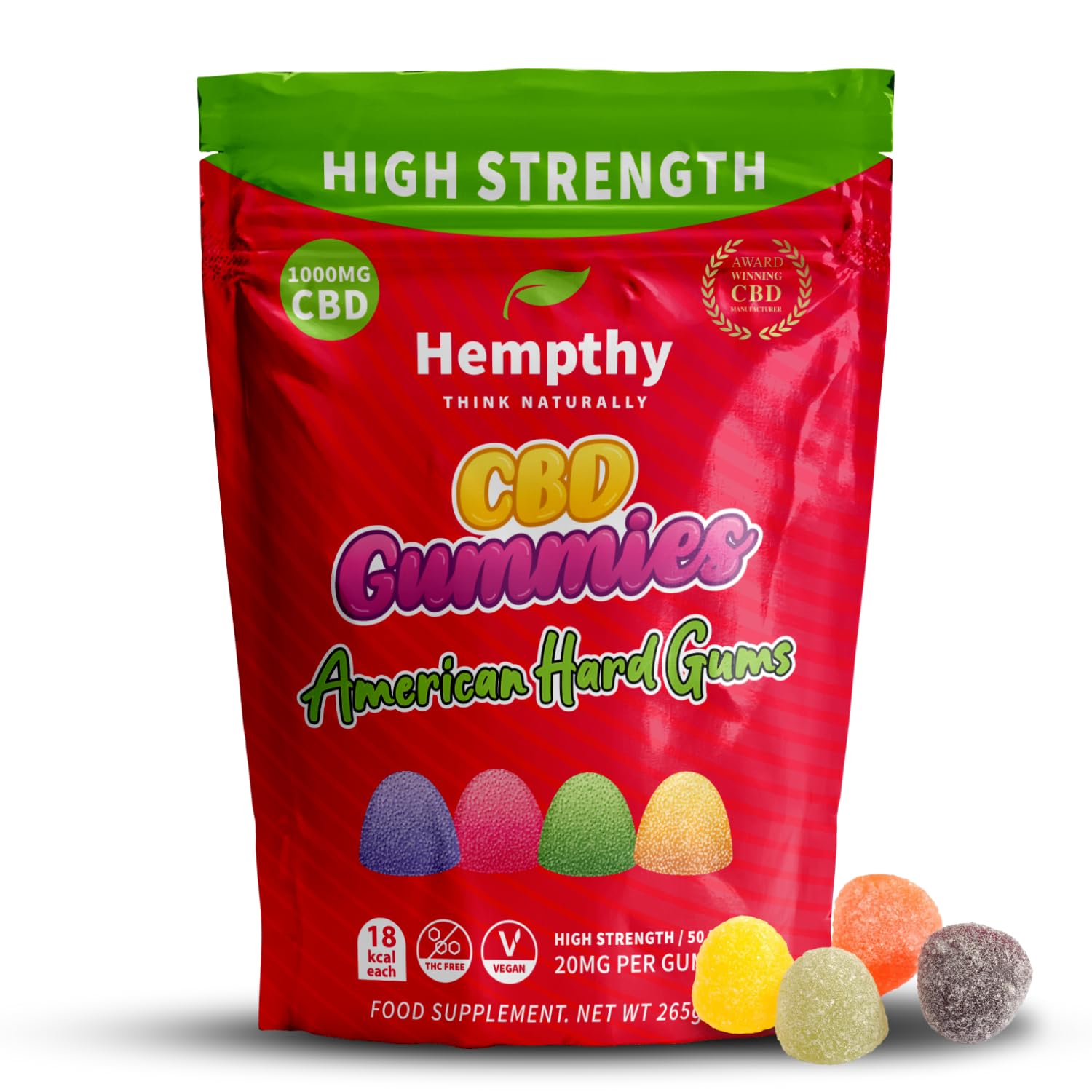 CBD Gummies High Strength 1000mg CBD Edibles for Pain Relief & Better Sleep, THC-Free, High Strength CBD Gummy for Anxiety Relief for Adults (American Hard Gums)