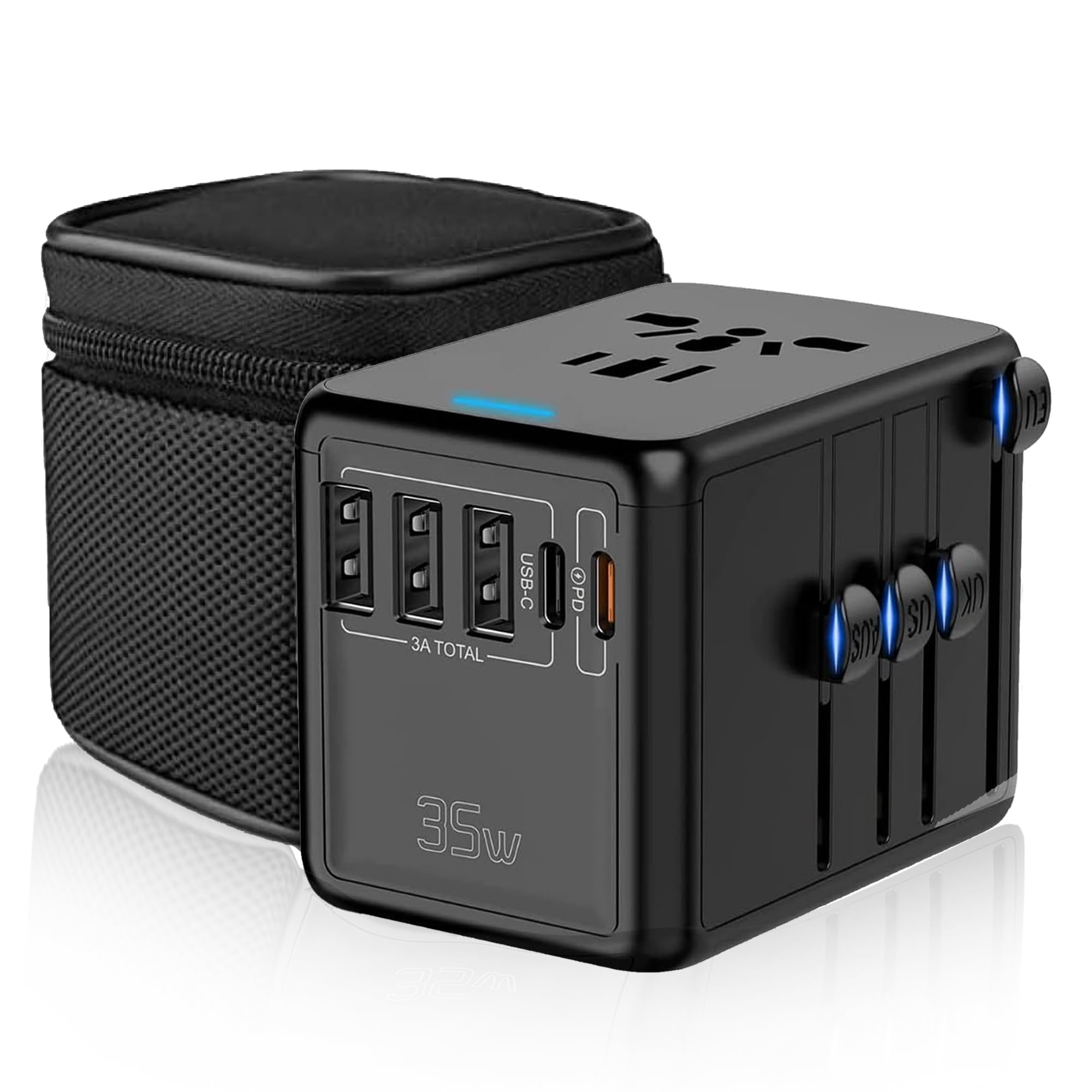 Universal Travel Adapter by ADDIOO - International All in One Power Adaptor with 35W PD Rapid-Charge Technology, Worldwide AC Outlet Plug Adaptor Wall Charger for USA/UK/EU/AUS - (Black)