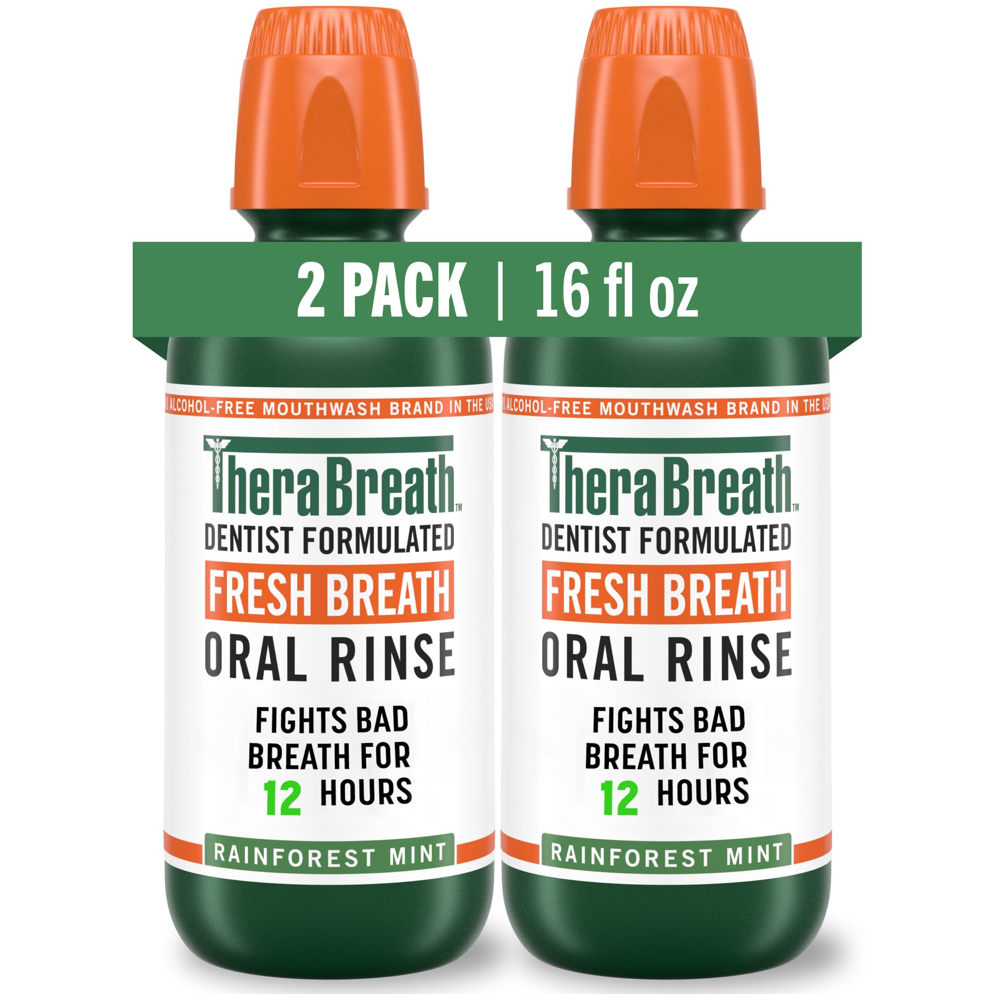 TheraBreath Fresh Breath Mouthwash, Rainforest Mint, Alcohol-Free, 16 Fl Oz (2-Pack)