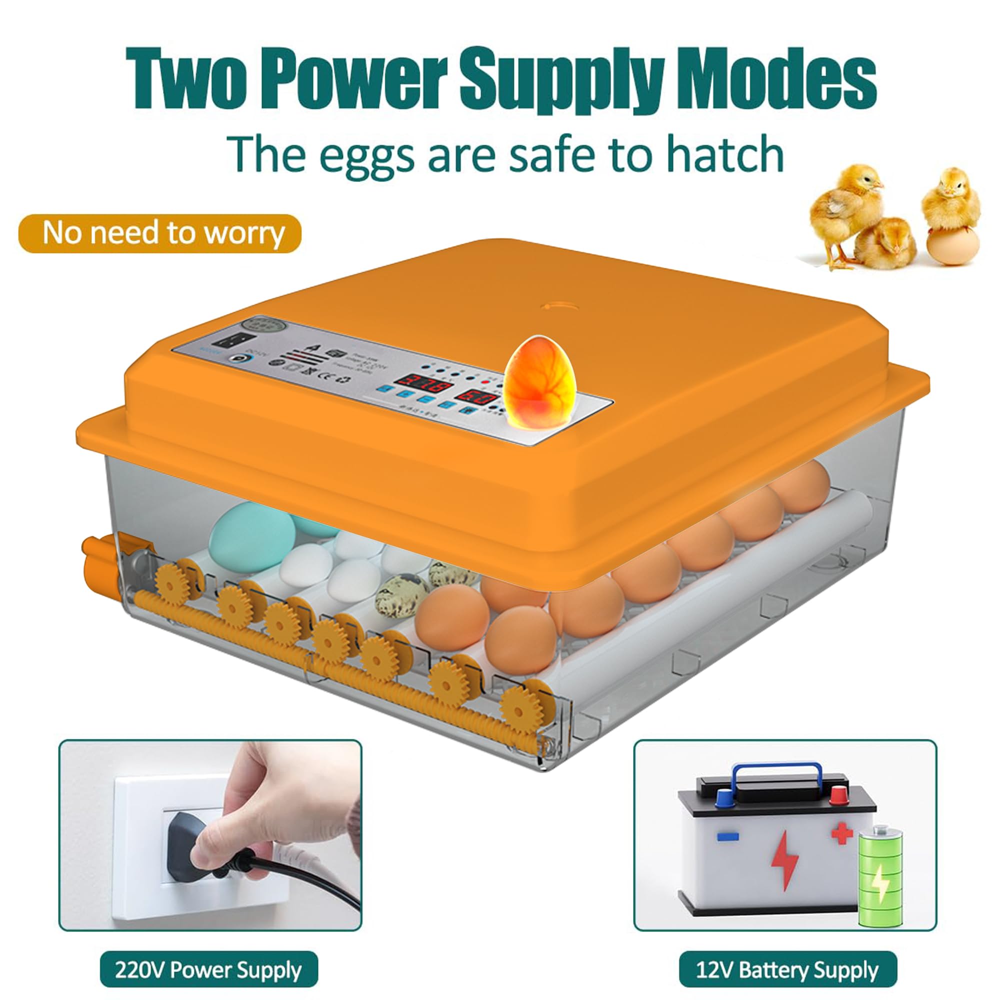 Incubadora de Huevos Automática 24-36 Huevos, Couveuse con Control de Temperatura, Rodillos Ajustables, Llenado de Agua Automático y Ovoscopio Integrado, Naranja