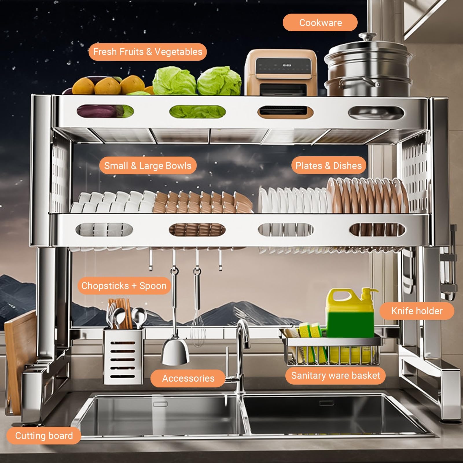 Escurridor de platos sobre fregadero, acero inoxidable con soporte extraíble para cubiertos, ahorro de espacio, almacenamiento de vajilla de cocina de doble capa para platos, vasos, cuencos