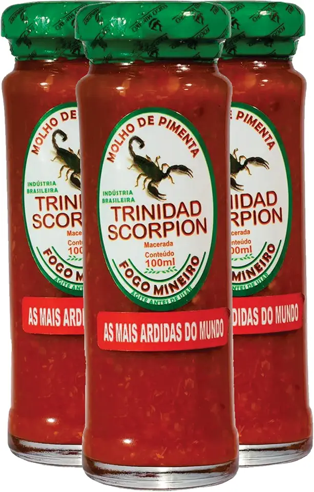 Kit 3 Vidros de Pimenta Macerada Fogo Mineiro 100ml - Escolha sua Pimenta Favorita | Pimenta de Qualidade, Temperos Especiais para Receitas e Aperitivos (3 Trinidad Scorpion)