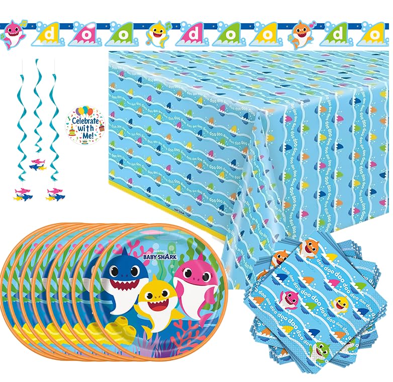 Unique Baby Shark - Birthday Party Supplies Bundle for 16 Guests | Officially Licensed | Plates Napkins Table Cover Banner Hanging Swirls & Stickers | Baby Shark Party Decorations for Boys & Girls