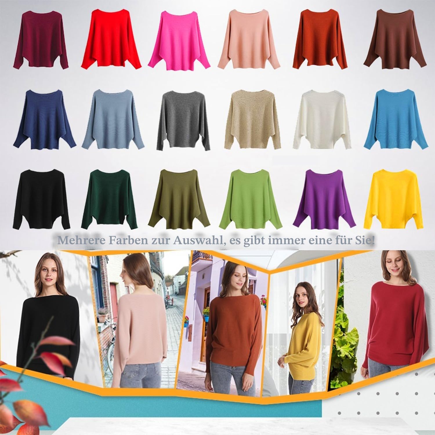 FULIER Boot-Ausschnitt Batwing Ärmel Dolman Lose gestrickte Pullover und Pullis Pullover Tops für Frauen