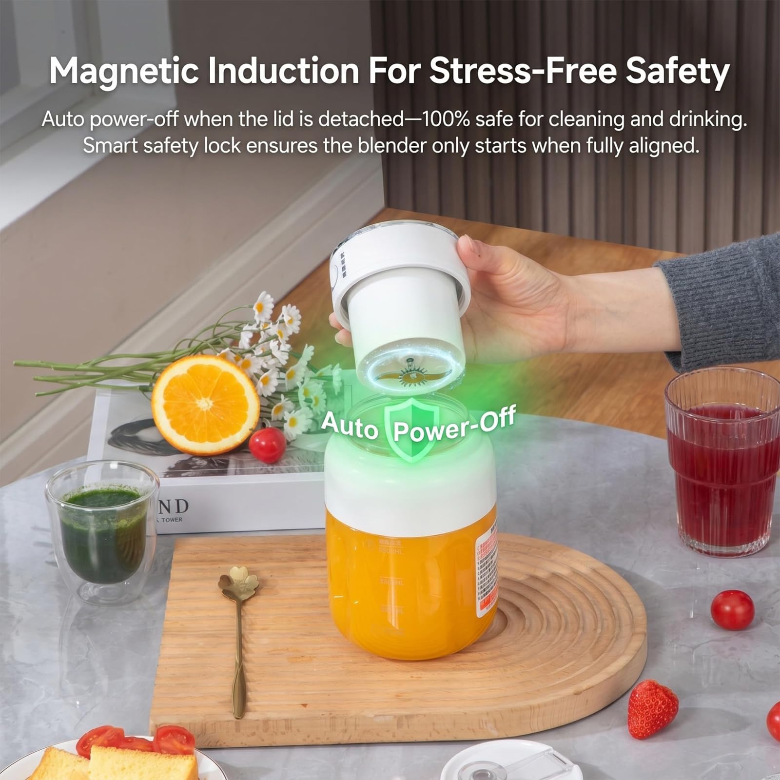 Spremiagrumi Portatile, Bicchiere da Succo Senza Fili Portatile da 1,2L con Display LED, Doppio Coperchio Ricaricabile via USB per Smoothie, Frullati e Bevande di Frutta Fresca