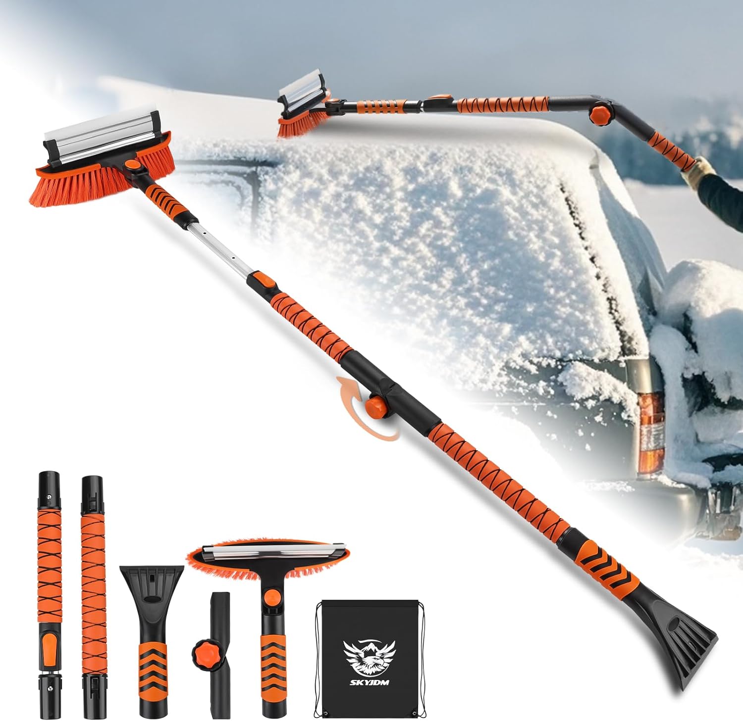 62.4" Foldable Snow Brush and Ice Scrapers for Car Windshield, Adjustable Snow Brush, Extendable Snow Removal Tool with Non-Slip Foam Grip, 180° Pivoting Snow Brush for Car, SUV, Truck