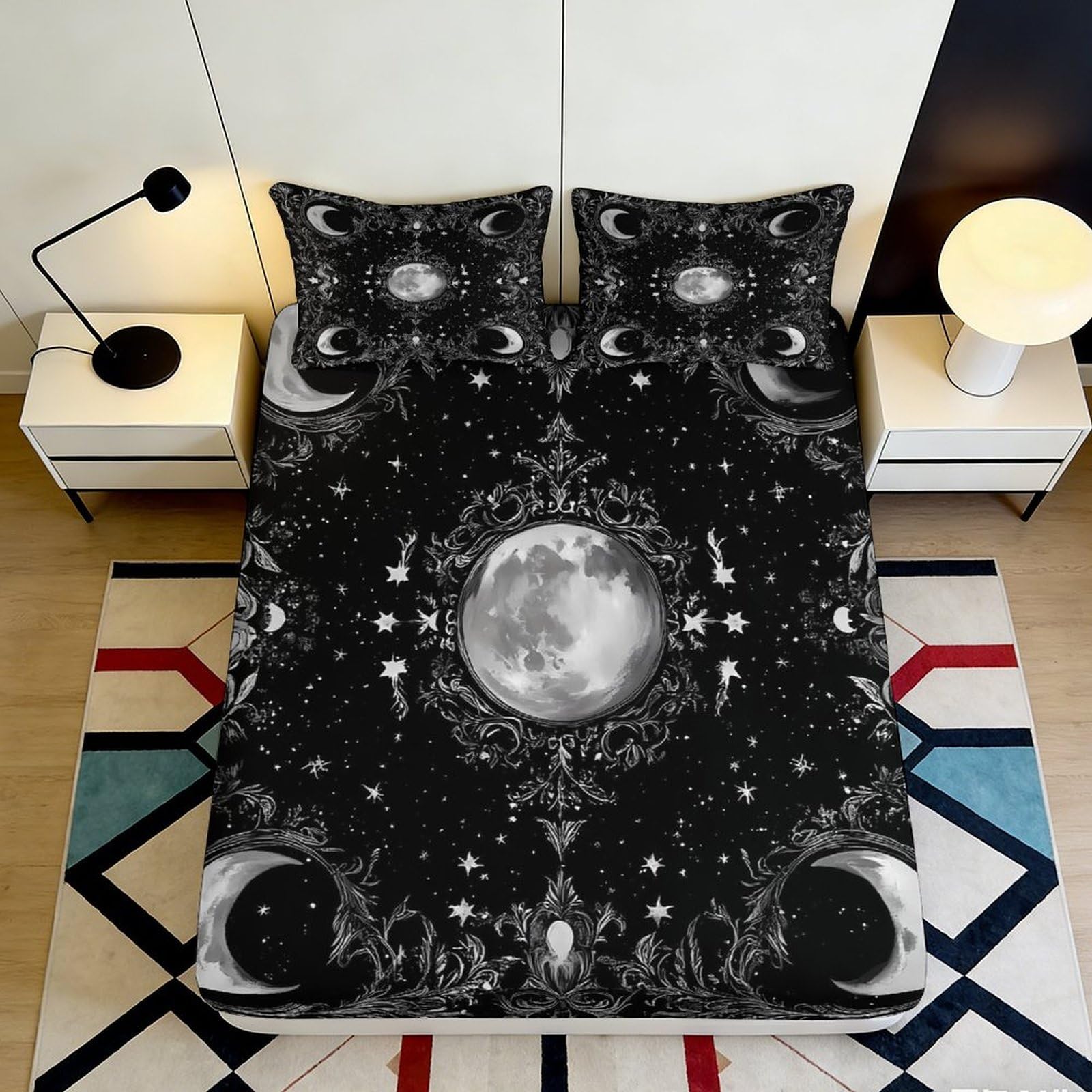 3D Printed Moon Phase Fitted Sheet Microfiber Black Starry Night Mattress Cover for Bedroom Dorm Mattress Protection Decor 200x200x25cm