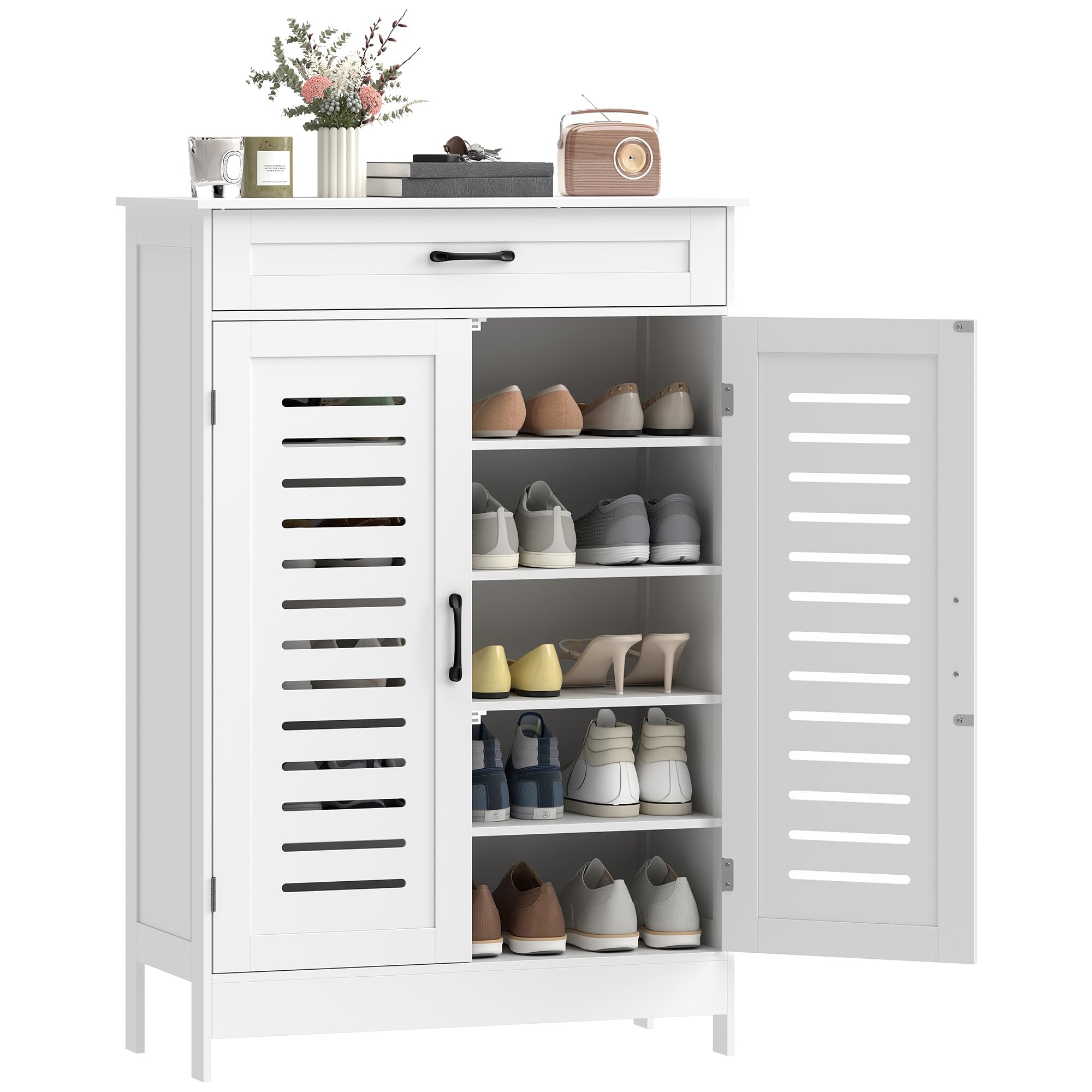 HOMCOM Mueble Zapatero de 5 Niveles con Cajón 78x37x115,8 cm Blanco | Armario para Zapatos, Puertas de Rejilla, Estantes Ajustables, para 20 Pares de Zapatos, para Pasillo Recibidor