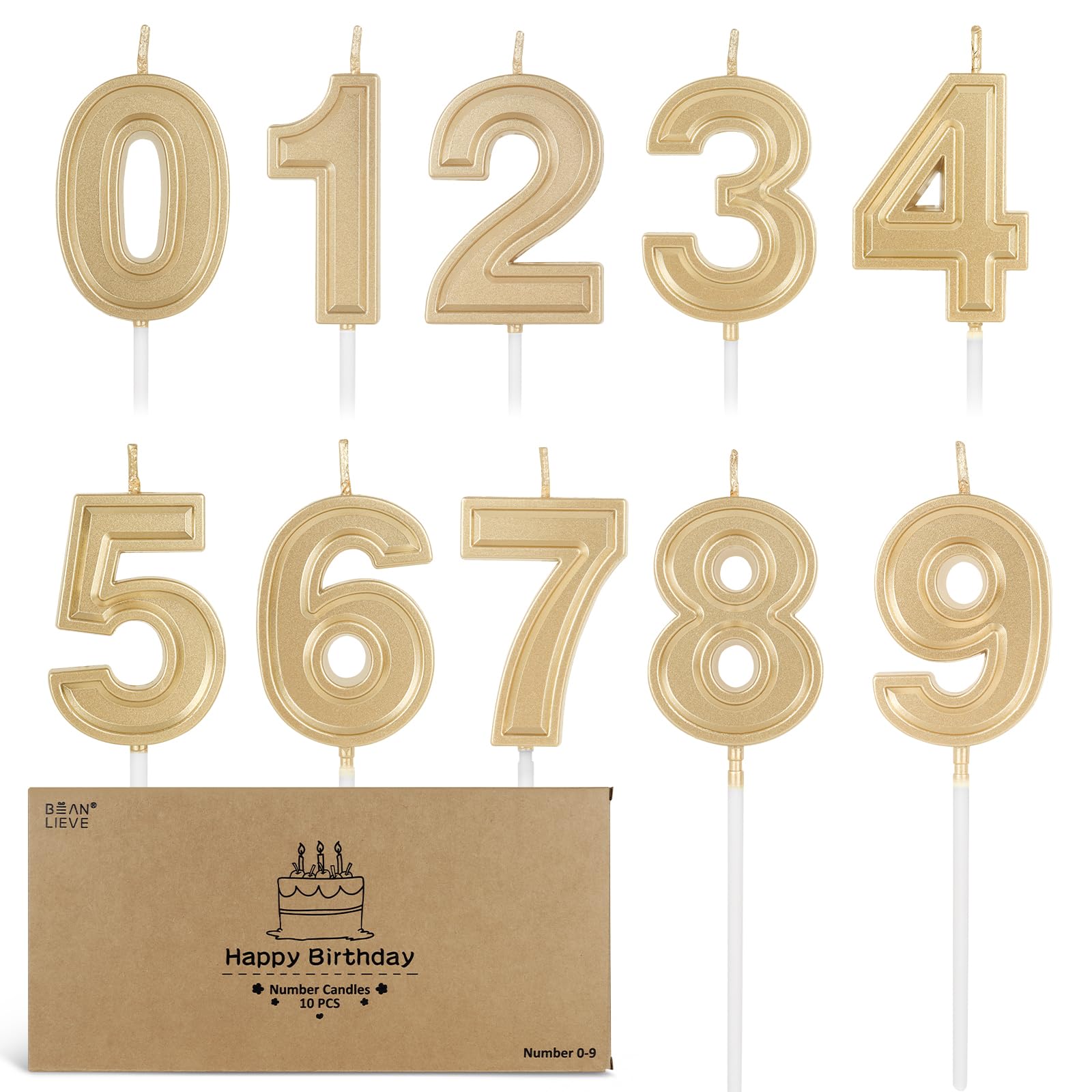 BEAN LIEVE Champagne Gold 0-9 Number Candles 10pc, Sparkling Birthday Cake Toppers, Wedding Anniversary Party Decorations Supplies (Gold Number