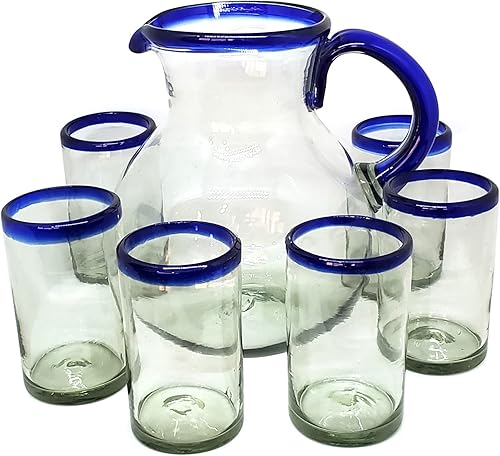 MexHandcraft Juego de jarra y 6 vasos de 120 onzas con borde azul cobalto, vidrio reciclado, sin plomo, sin toxinas (jarra y vasos)