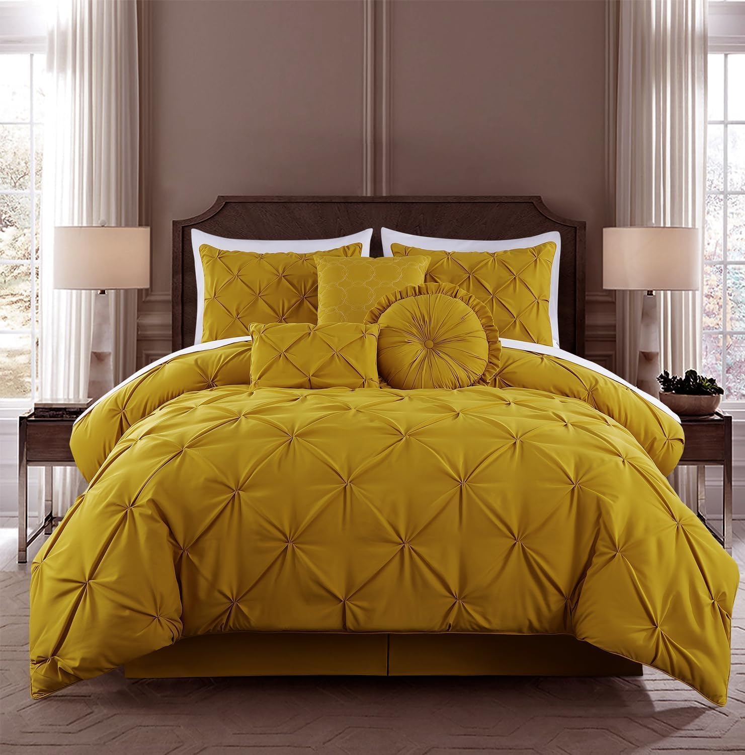 Chezmoi Collection Sydney Extra Wide King Size Comforter Set - 7-Piece Pintuck Bedding - Mustard Yellow, Elegant Lightweight Pinch Pleat Comforter with Decorative Pillows Bed Set for All Season