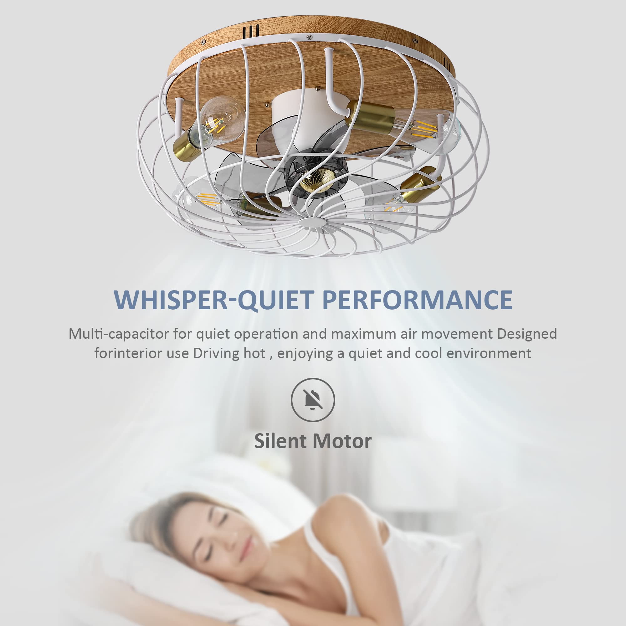 KINGTORO White Caged Ceiling Fans with Lights,360°Oscillating Low