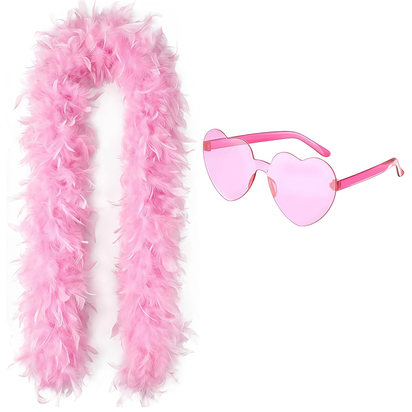 Pink Feather Boa 2m (6.6ft) with Heart Rimless Sunglasses, Soft Turkey Feather Scarf for Women – Party Costume Accessory for Dancing, Weddings, Hen Parties, Halloween, Christmas, Cosplay & Photo Props — image 1