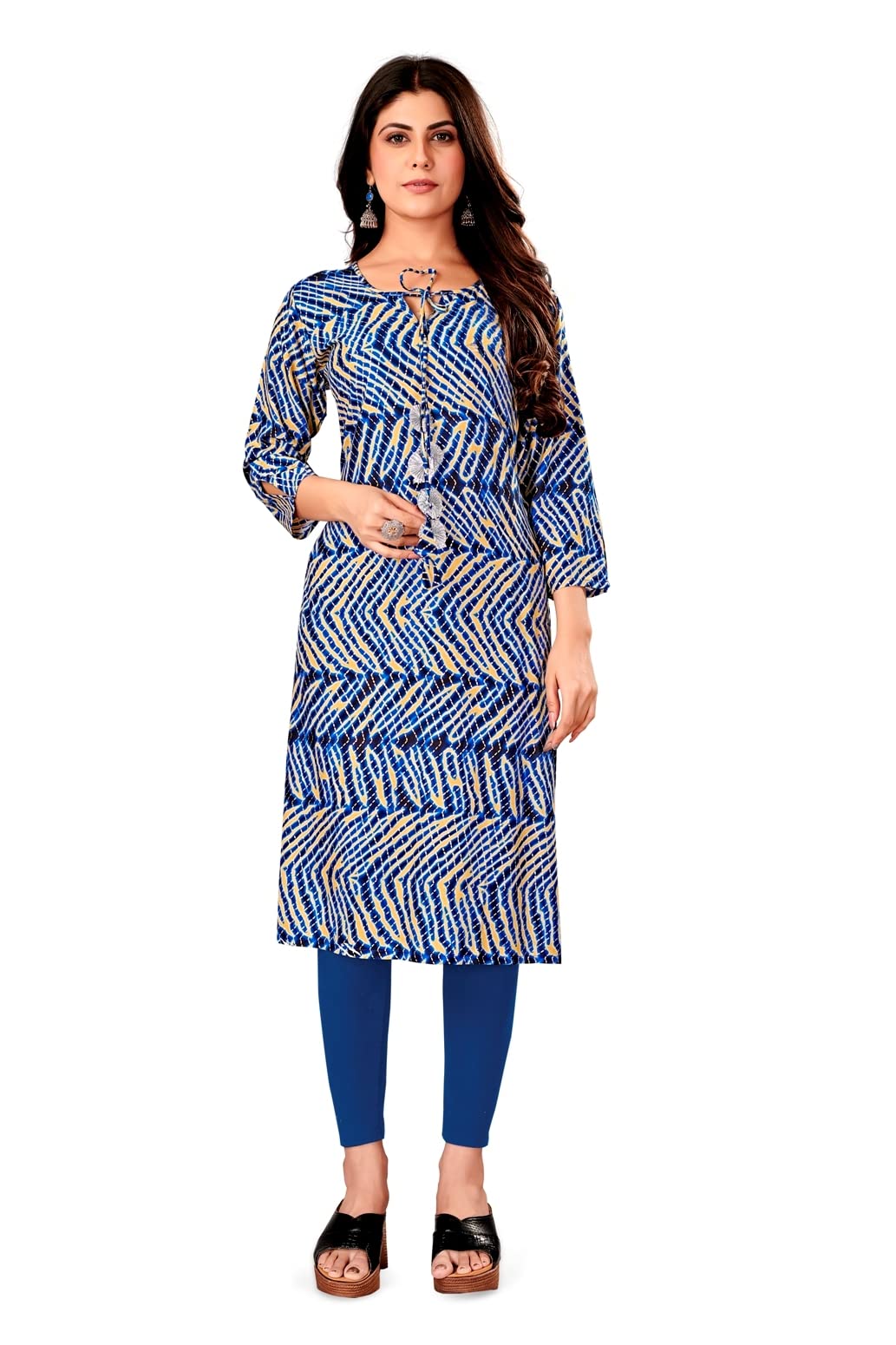 Drashti VillaWomen's Straight A-Line Mill and Foil Printed Fully-Stitched Rayon 3/4 Sleeve Kurtie for Women's & Girl's