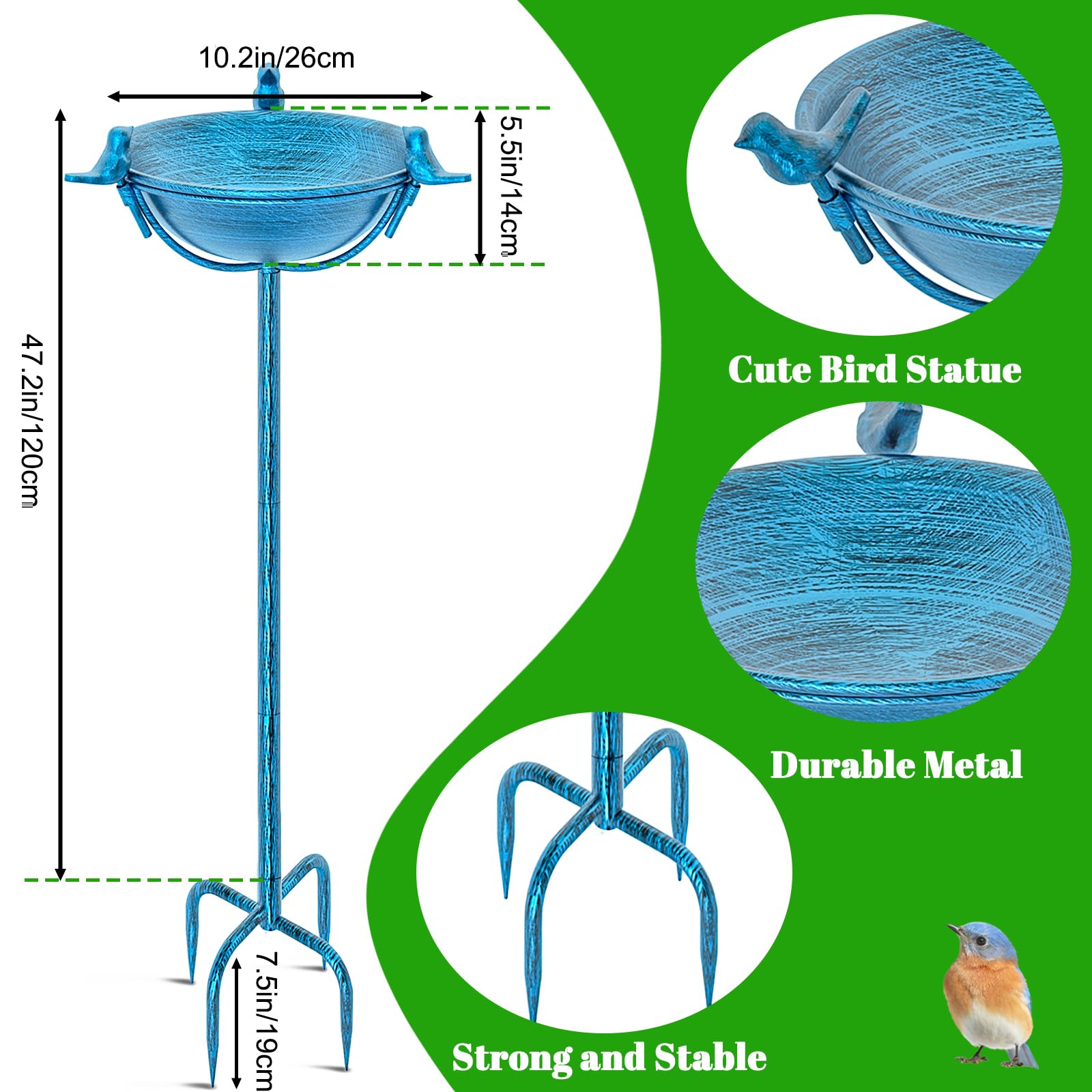 Metall Vogelbad Garten für Wildvögel Wassertränke Mit 3 Vogelskulpturen, Vogeltränke Futter Schale Wasserstelle Stehend, Vogelbad Futterstelle für das Blumenbeet oder (Retro Blau)