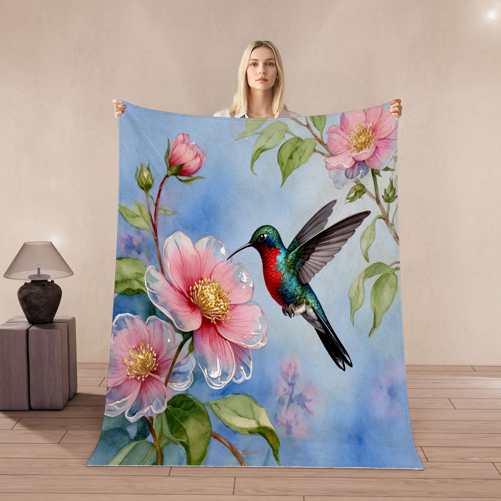 Couverture colibri 180x220cm plaid flanelle ultra douce couvre-lit oiseaux fleurs