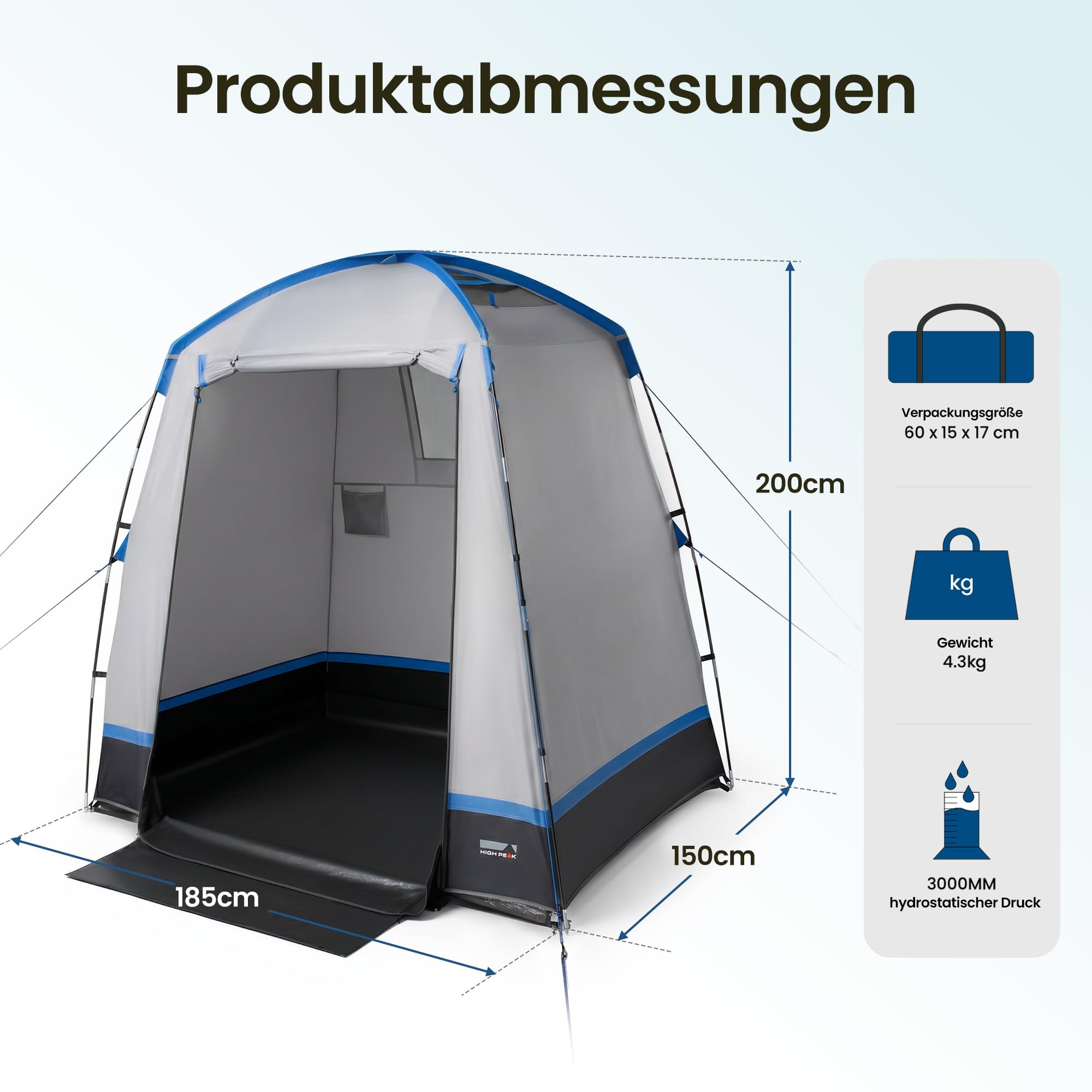 High Peak Duschzelt für Camping und Garten, freistehendes Toiletten- und Umkleidezelt mit Stehhöhe, Top-Belüftung, Dachfenster, Schmutzfänger, inklusive Tragetasche, Platz für Fahrrad und Ausrüstung