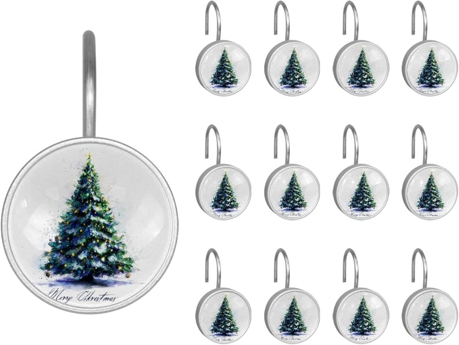 Set of 12 Merry Christmas Tree (5) Shower Curtain Hooks, Stainless Steel Rust-Resistant Decorative Hanger Rings