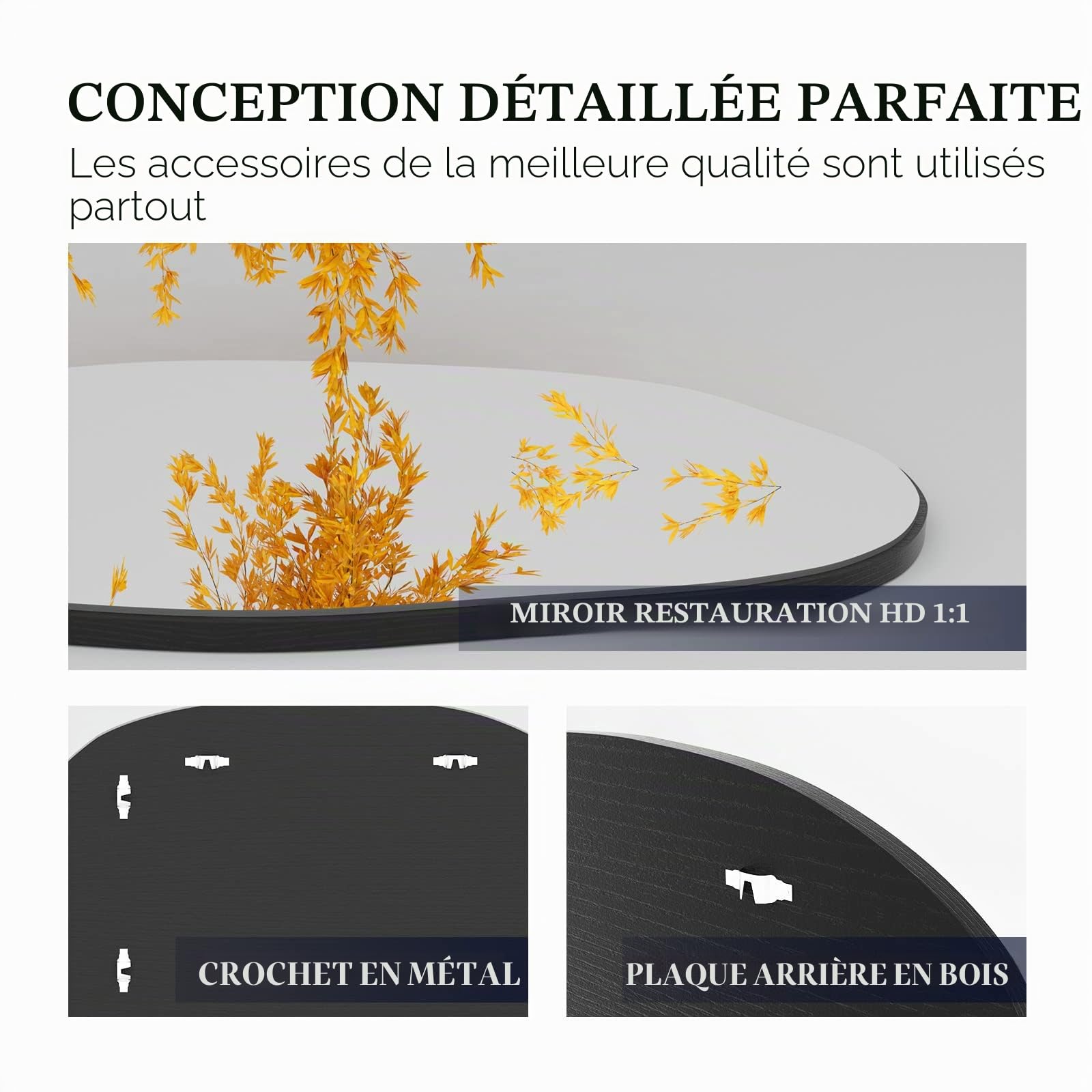 Miroir Mural Irrégulier Asymétrique, Fixation Murale, Courtoisie Unique, Décoratif pour Salon, Salle de Bain, Chambre, Entrée, 85 x 52 cm