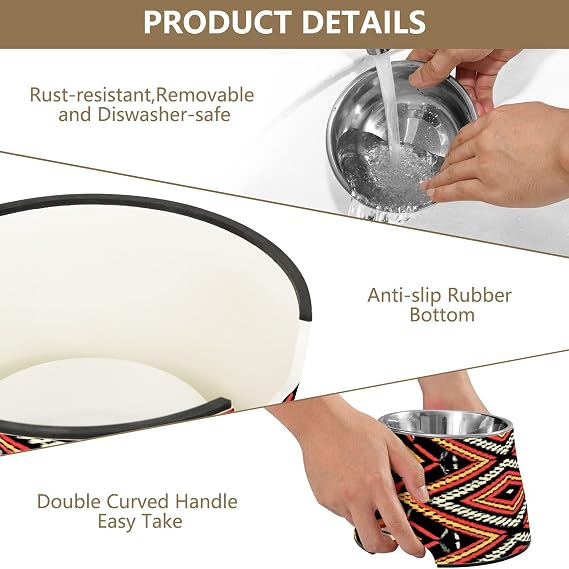 African Foke Art Texture Dog Bowl - Stainless Steel Cat Bowl 18 oz - Non-Slip Rubber Base Pet Bowl for Food or Water