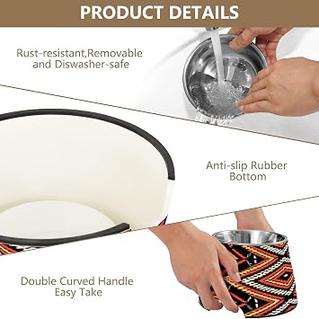 African Foke Art Texture Dog Bowl - Stainless Steel Cat Bowl 18 oz - Non-Slip Rubber Base Pet Bowl for Food or Water