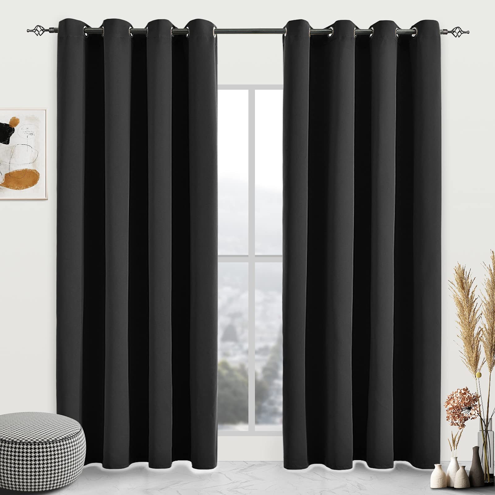 JSFLY Blackout Curtains for Bedroom Thermal Insulated Light Blocking Room Darkening Curtains Solid Grommet Window Drapes for Living Room, Set of 2