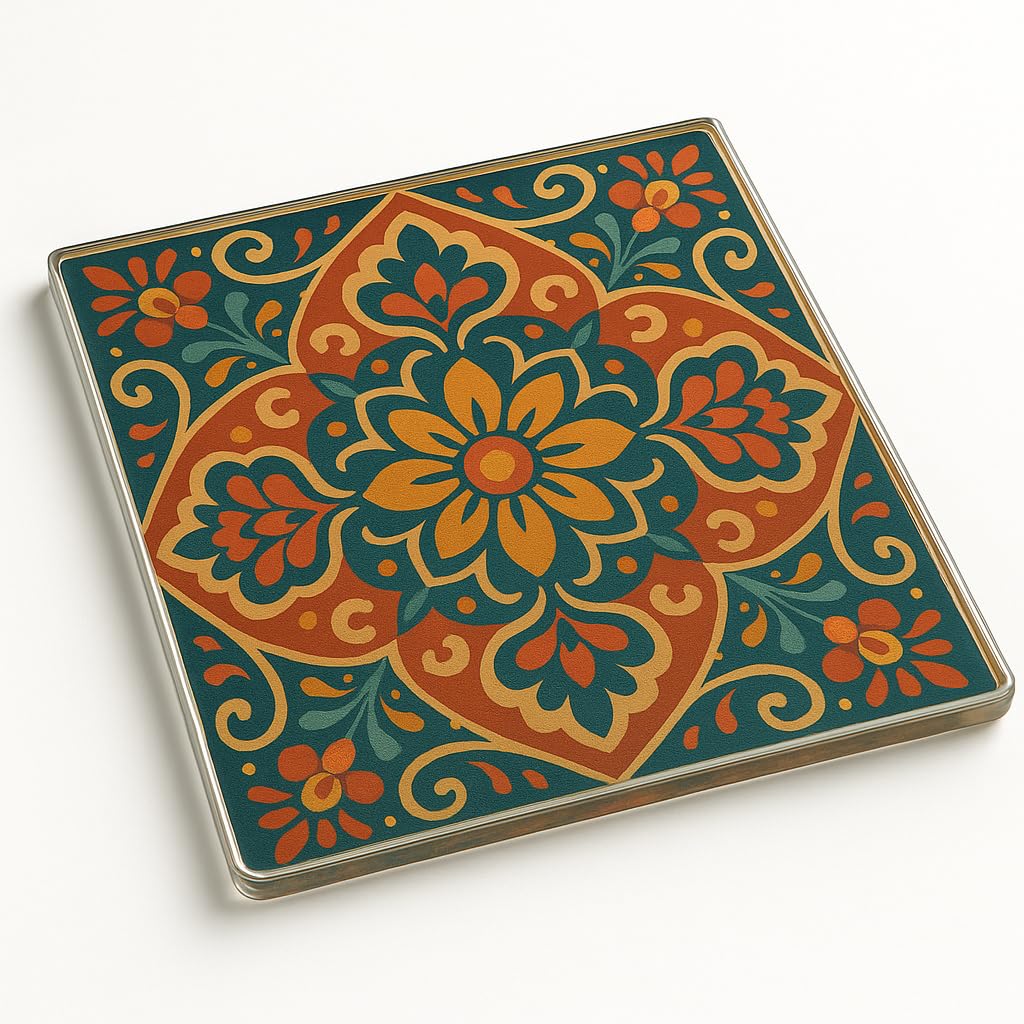 The Plum Penguin Eclectic Bloom Unique Bohemian Acrylic Coaster Gift For Eclectic Home - Floral Geometric Design For Birthday