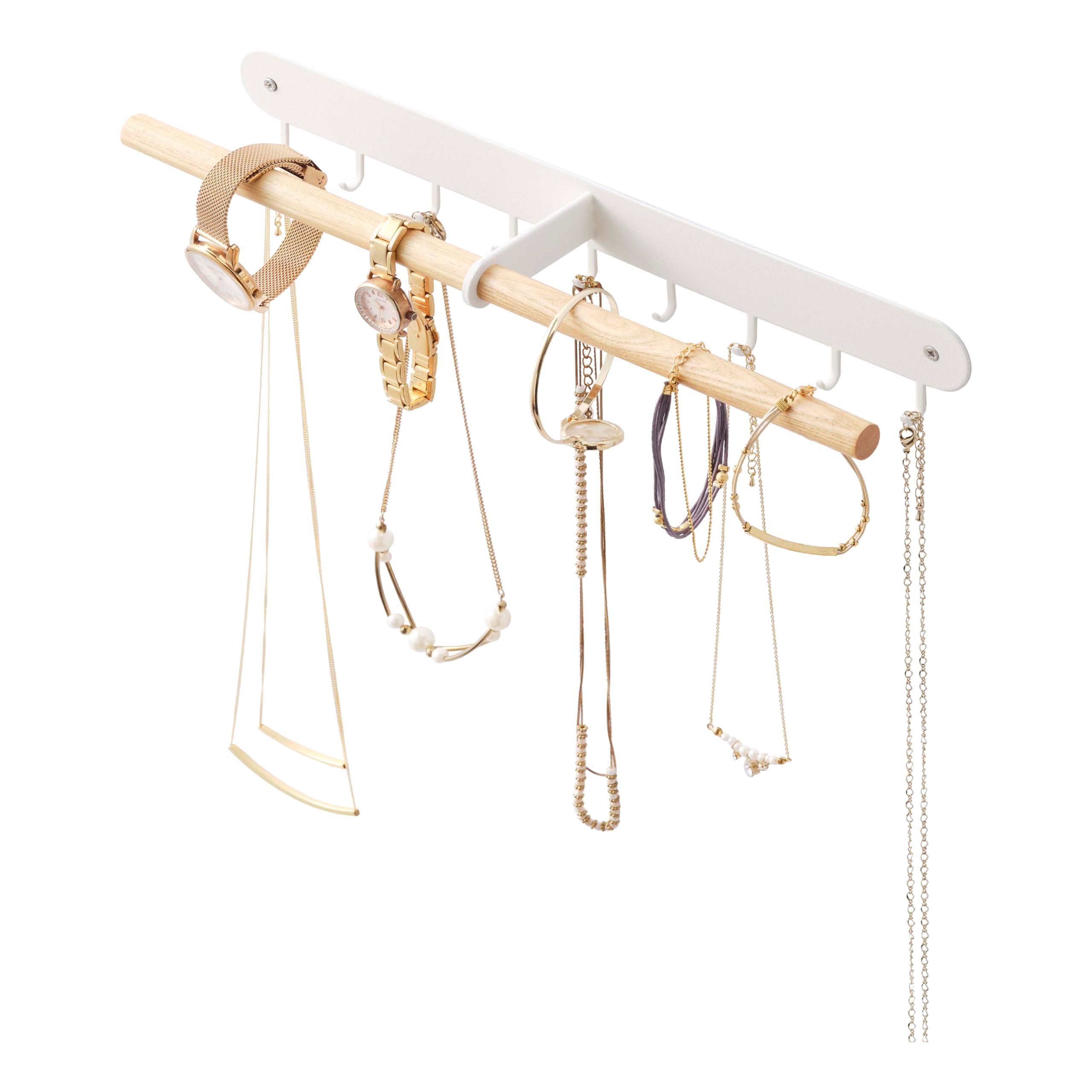 YAMAZAKI 2513 Tosca Wall-Mounted Accessory Rack, White, Steel/Wood, Minimalist Design, 32 x 4.5 x 6.7 cm (LxWxH)