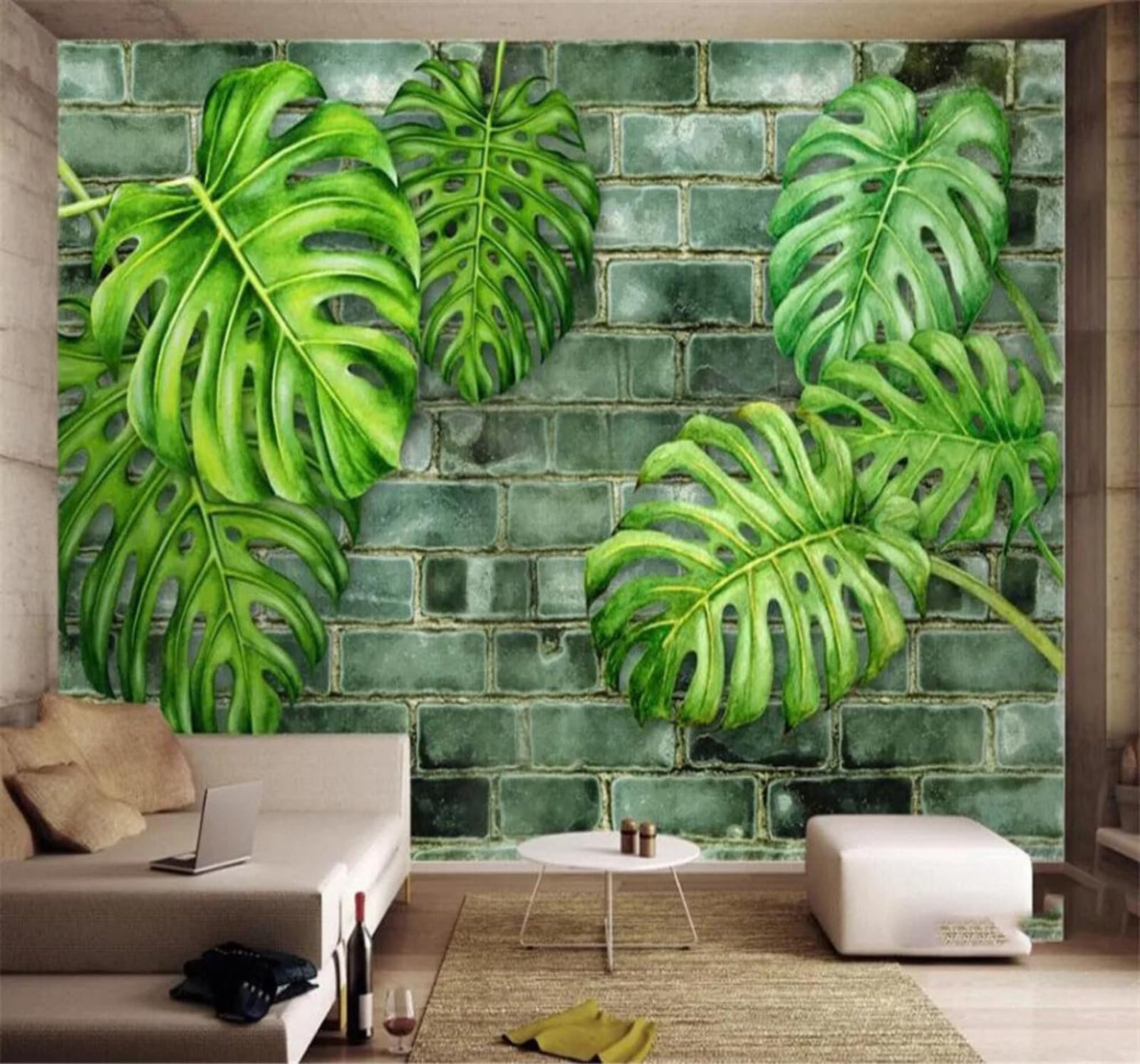 Tzxztt 350Cm×256Cm(B×H) Hand Drawn Fresh Plants Green Leaves Brick Wall Modern 3D Wallpaper Premium Textured Silk Neutral Tones Material Ideal For Living Room Bedroom-350Cm×256Cm