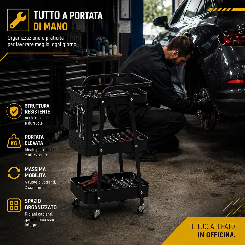 Carrello da Officina Portatile con Ruote Piroettanti in Acciaio Verniciato, Carrellino Salvaspazio 3 Ripiani da Lavoro per Attrezzi con Ganci e Portaoggetti, Organizer per Garage, Nero