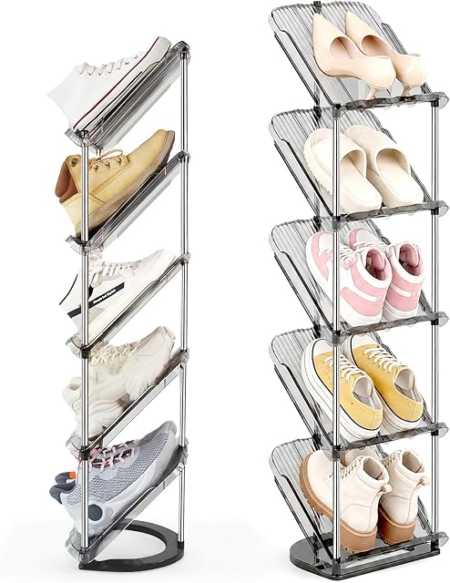 2 Pack Sloping Narrow Shoe Rack 5 Tiers - Free Standing Vertical Shoes Racks for Small Spaces and Corner, Shoe Storage Organizer for Entryway, Tall Slim Shoe Shelf Cabinet for Shoes and Boots