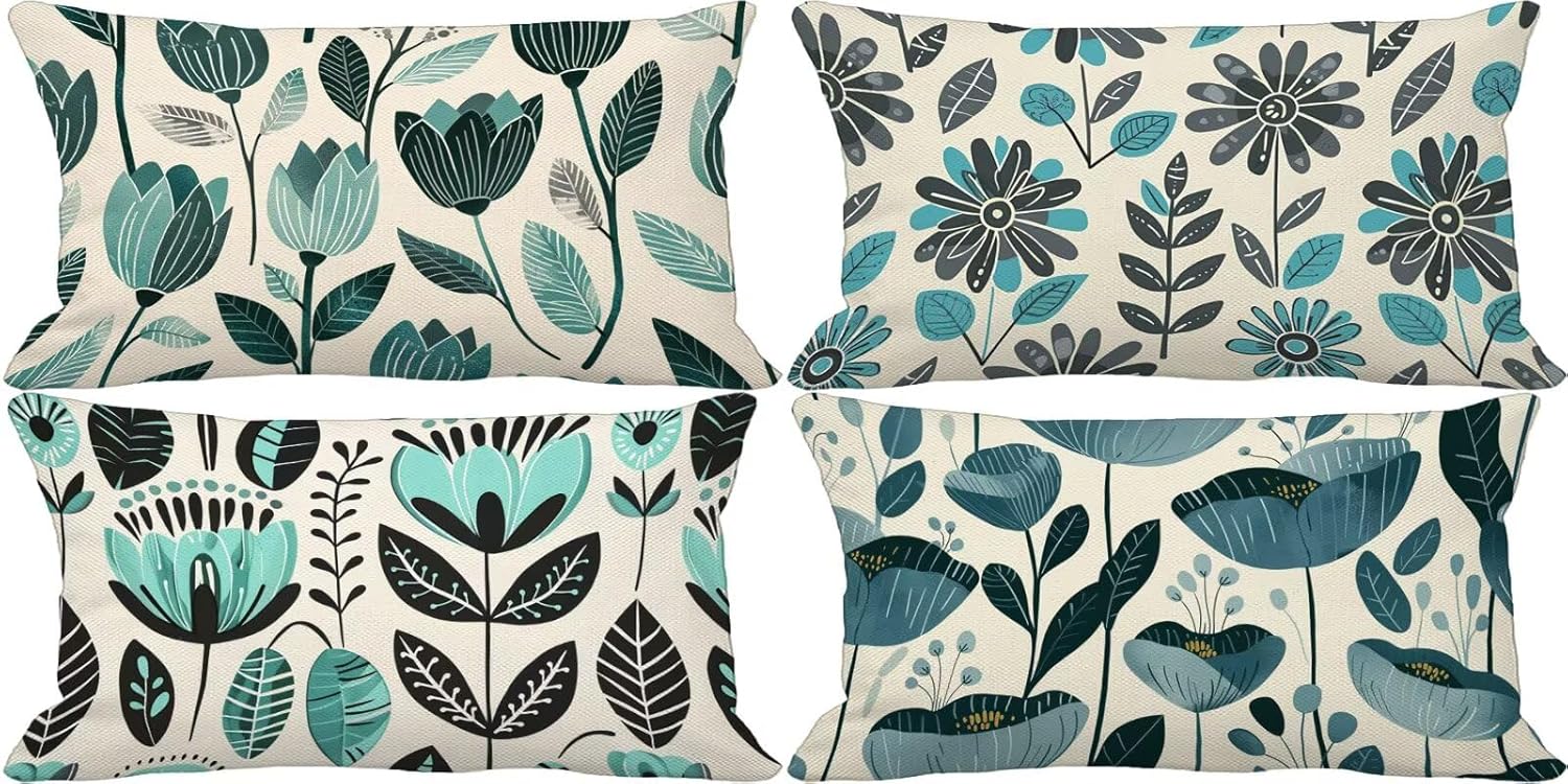 Green Throw Pillow Covers 16x28 in Set of 4, Rectangle Waterproof Soft Lumbar Pillow Covers Flower, Sofa Decorative Cushion Covers with Invisible Zipper Design, Home Room Decor, Gifts for Women G-V