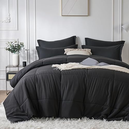 KAKIJUMN Juego de edredón acolchado cuadrado de 5 piezas para cama individual en una bolsa (negro, individual)