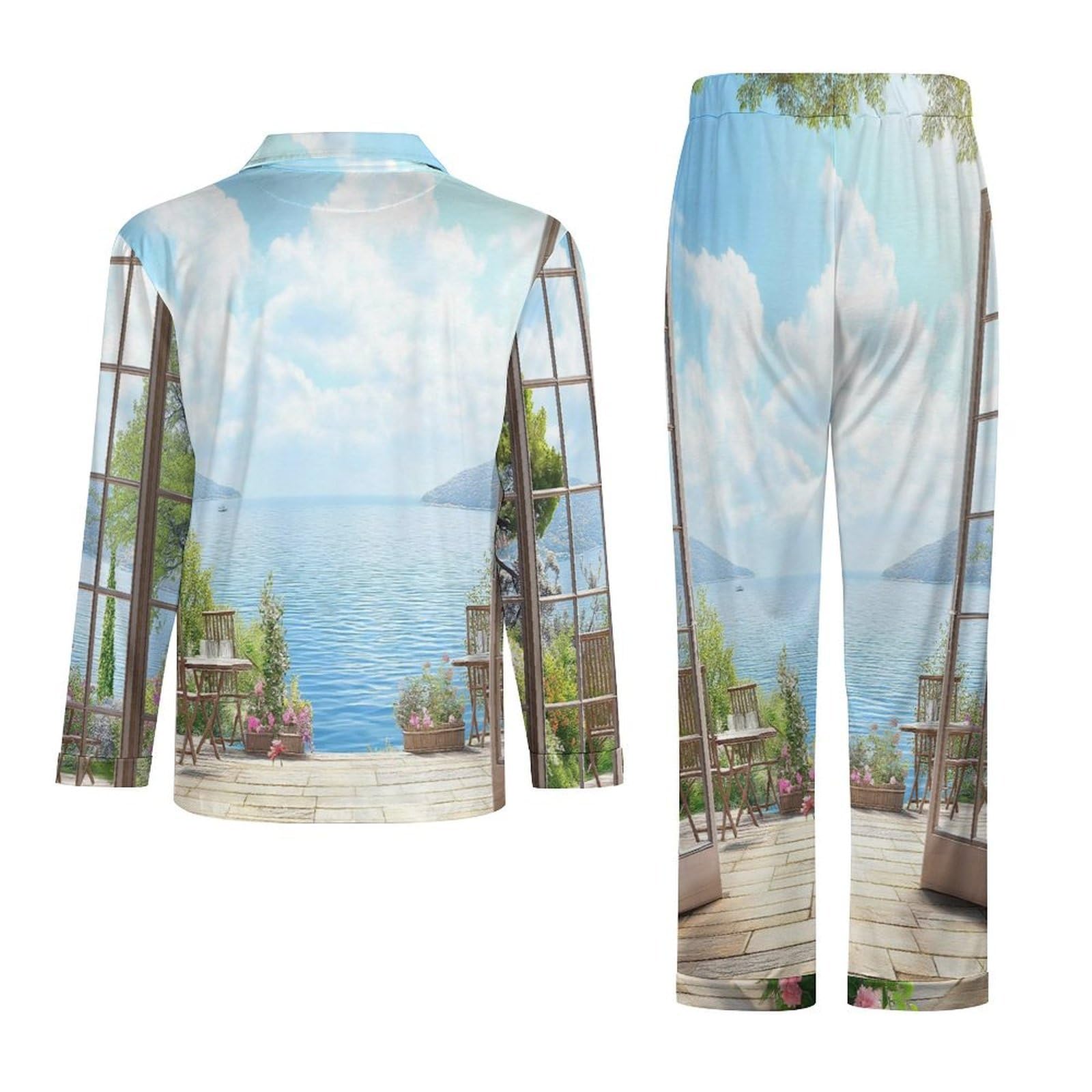 Completo Pigiama da Uomo - Giardino sul Mare Pigiama A Maniche Lunghe Abbigliamento da Casa 2 Pezzi Top + Pantaloni Morbido E Caldo Pigiama Autunnale E Invernale