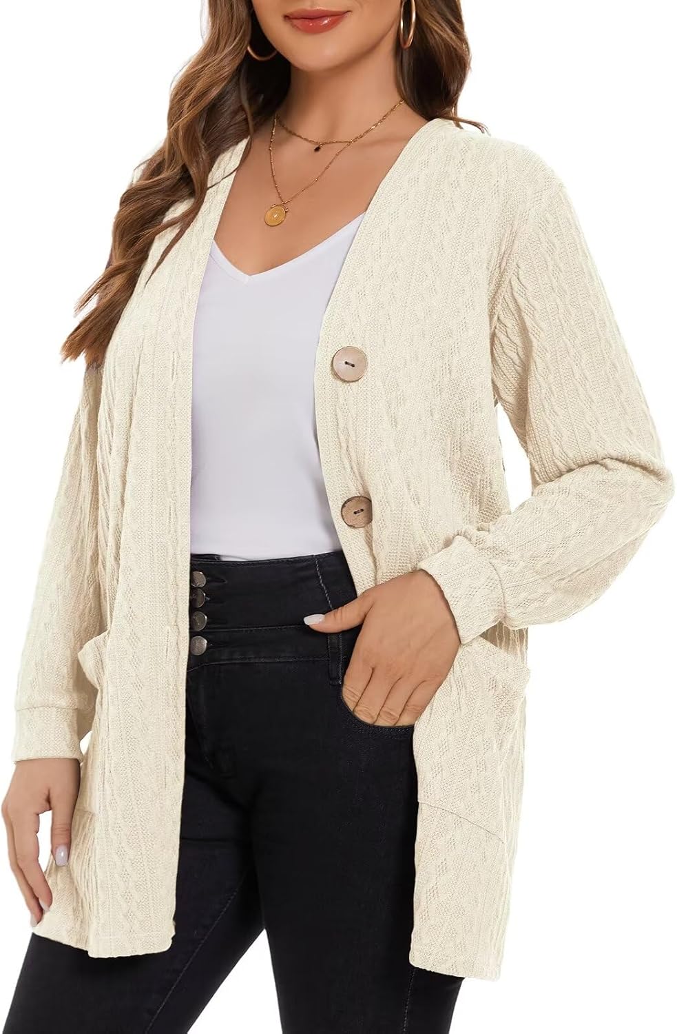 LARACE Open Front Cardigan for Women Cable Knit Sweater with Pockets Plus Size Long Sleeve Tops Button Down Winter Coat - Image 2