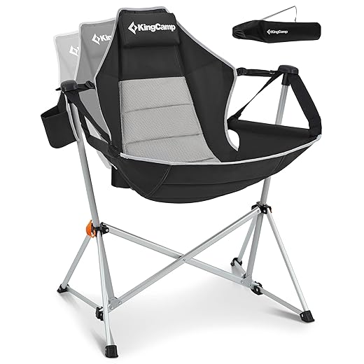 KingCamp Hammock Camping Chair, Aluminum Alloy Adjustable Back Swinging Folding Rocking Chair with Headrest & Cup Holder for Outdoor, Travel, Sport, Games, Lawn, Concerts, Backyard (Black)
