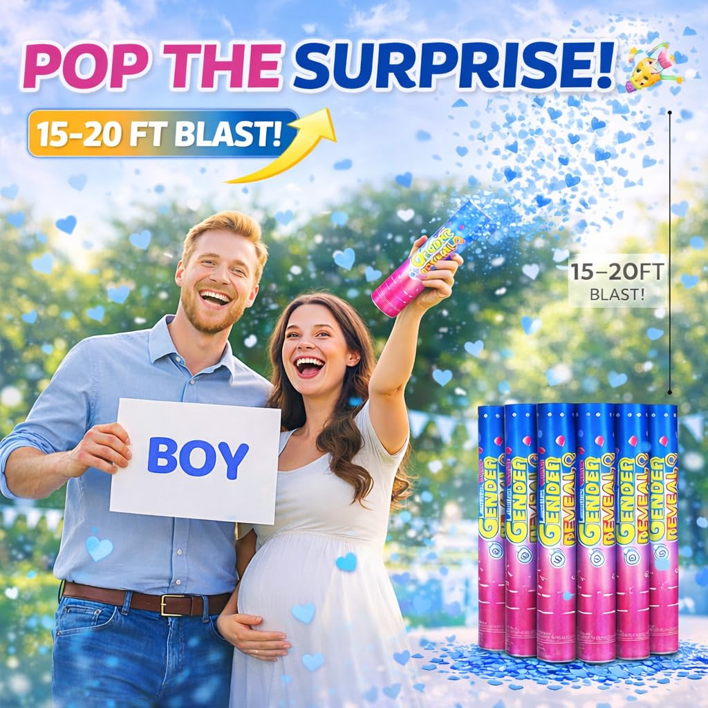Gender Reveal Konfetti Kanonen - 6 Pack Blau Party Poppers - Baby Boy Gender Reveal Cannon Kit mit herzförmigem Konfetti - Easy Twist Shooters für Baby Reveal Party Dekorationen
