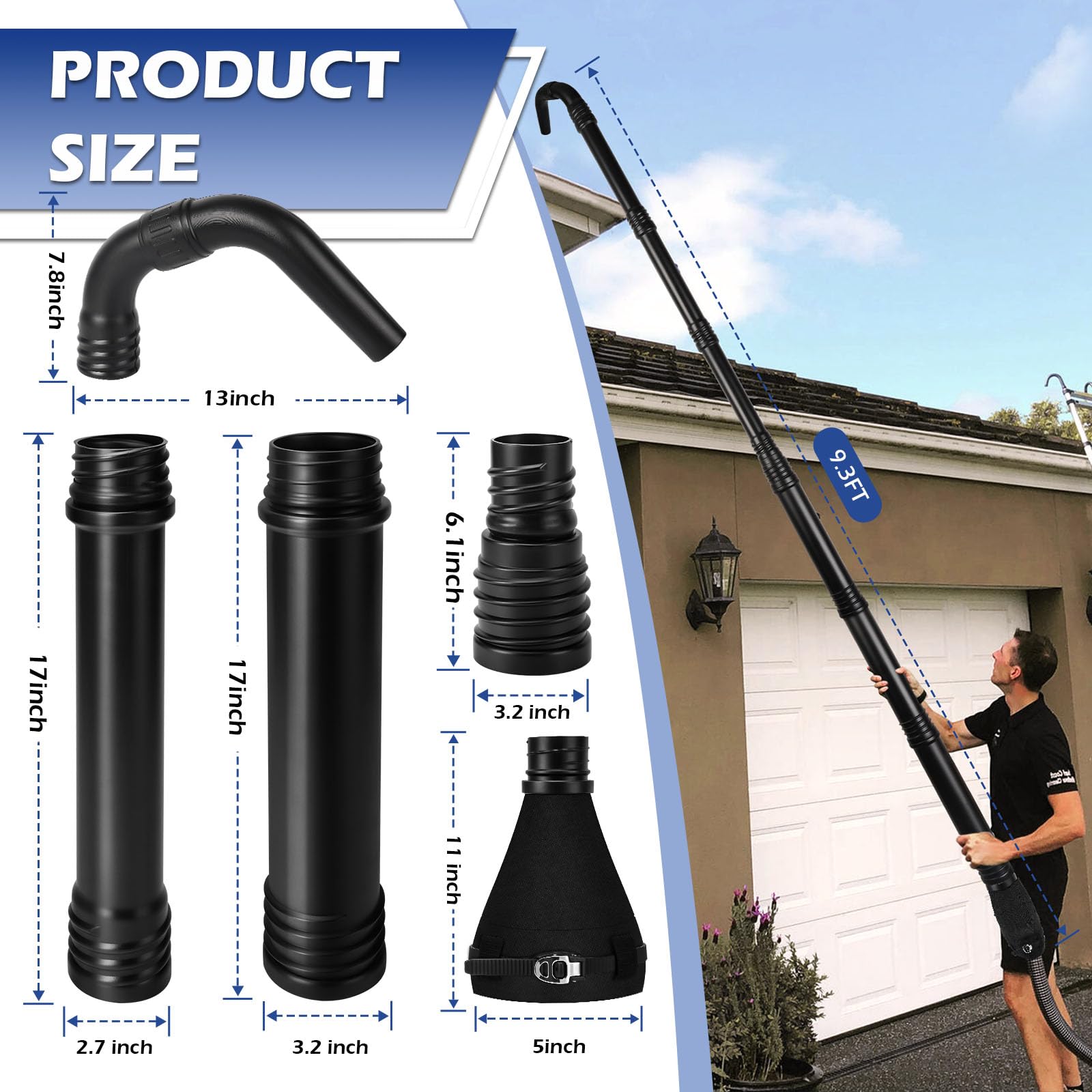 Buzzlett - Kit universal de limpieza de canalones para sopladores de hojas, herramientas de limpieza de canalones de 9.3 pies de largo para limpiar fácilmente las hojas y los desechos del techo