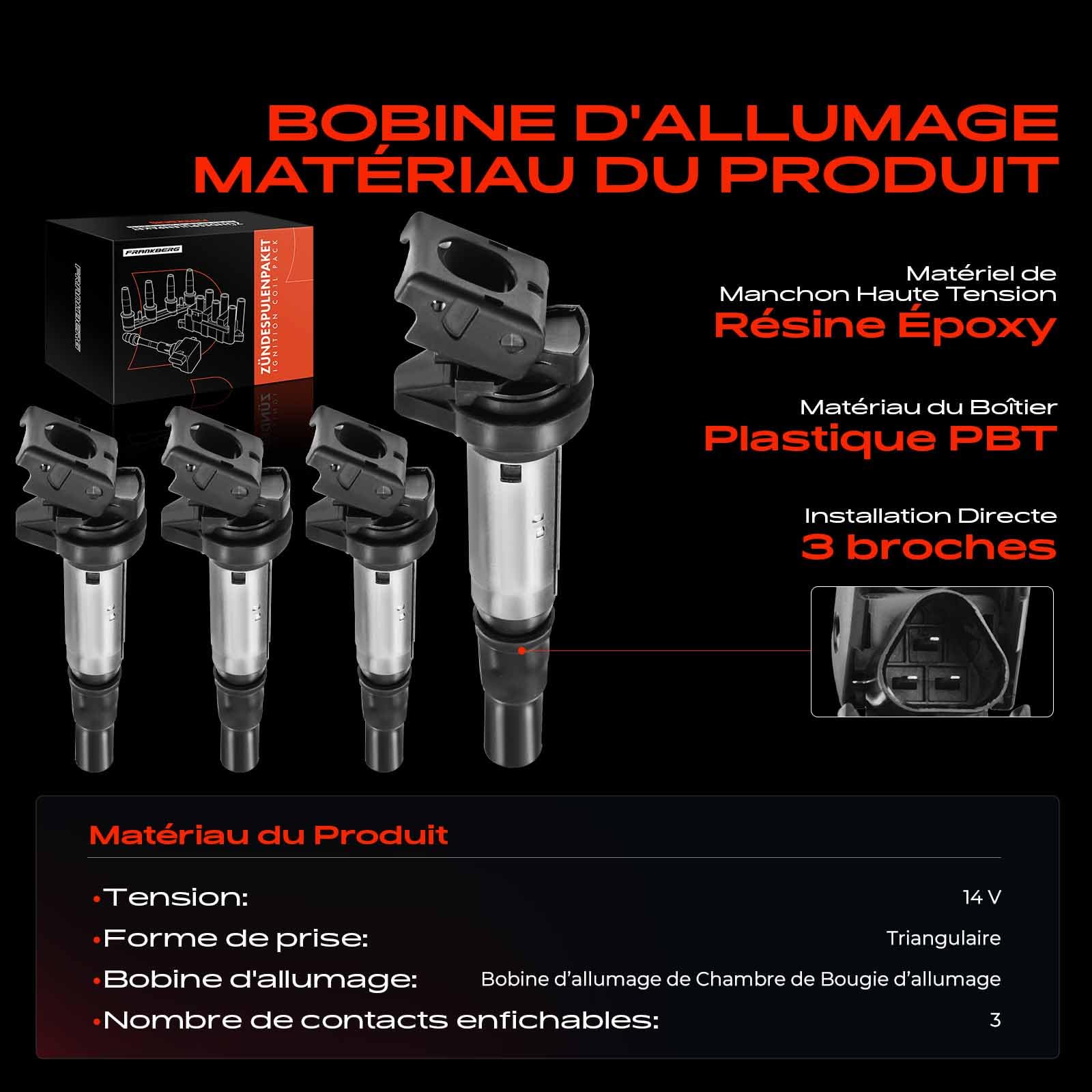 Frankberg 4 bobines d'allumage 12137575010 | Compatible avec: C4 II NC, DS5, 308 II L3 LB LH LP LW, M.i.n.i Cabriolet R57, 2008 I CU, C5 III Break RW