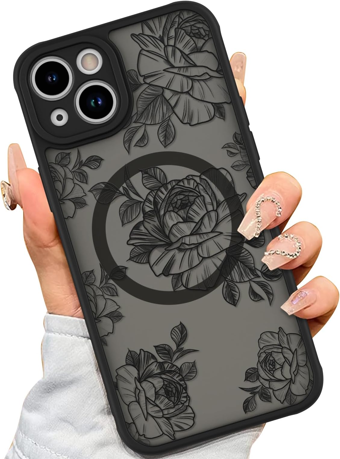 AIGOMARA Case for iPhone 13 [Compatible with MagSafe] Black Flower Floral Pattern Design for Women Girls Soft TPU Bumper Hard PC Back Anti-Fall Shockproof Protective Slim Magnetic Cover