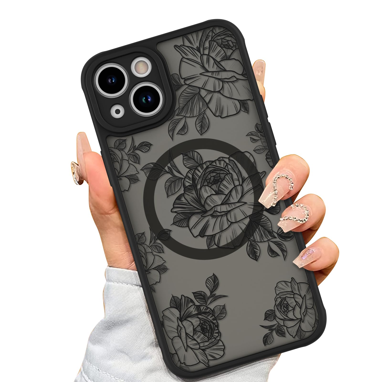AIGOMARA Case for iPhone 15 Plus [Compatible with MagSafe] Black Flower Floral Pattern Design for Women Girls Soft TPU Bumper Hard PC Back Anti-Fall