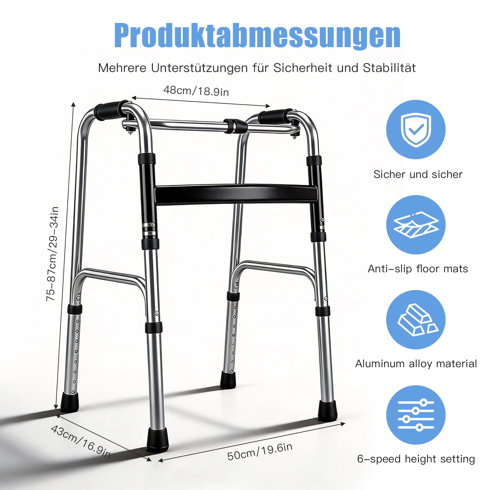 Andador ligero con bisagras, ayuda a caminar para personas mayores, altura ajustable de 73-88,5 cm, ligero y estable, soporte seguro para el uso diario y la rehabilitación