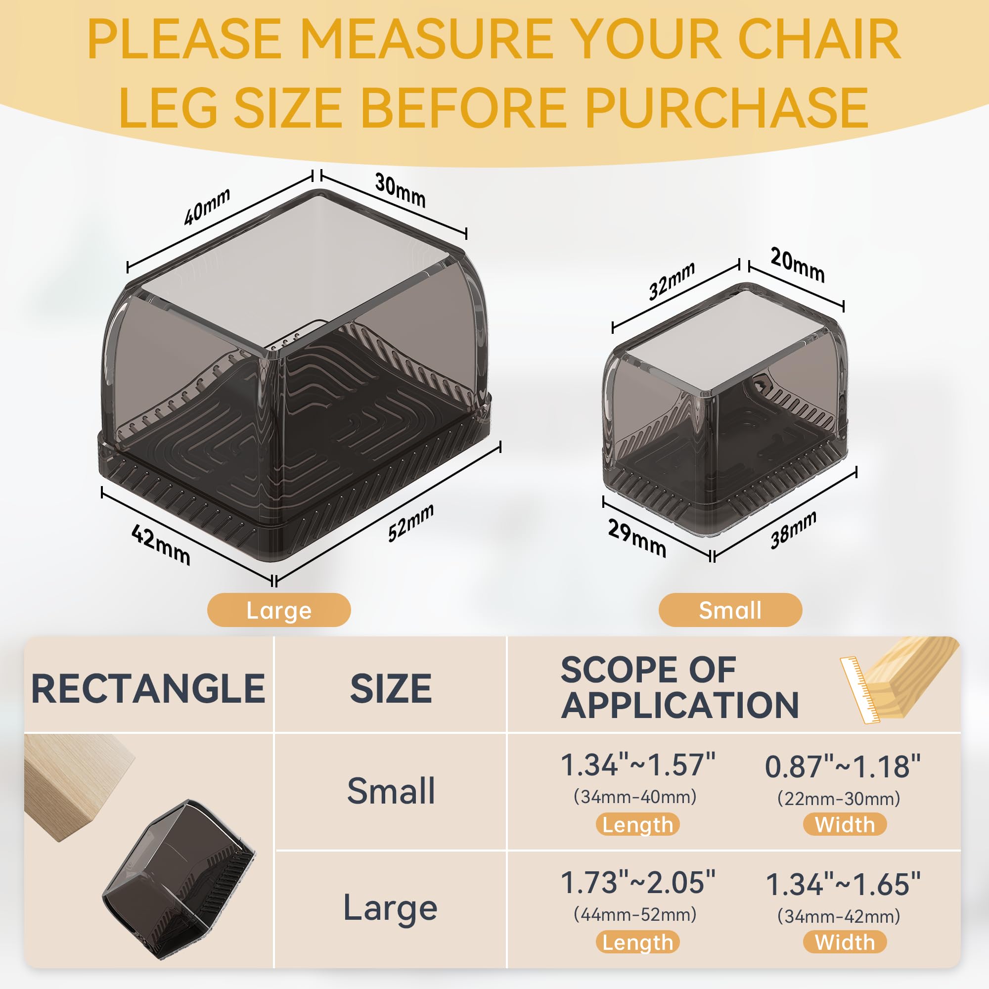 24 protectores rectangulares para patas de silla, deslizadores de muebles, almohadillas de fieltro antideslizantes para suelos de madera dura, cubiertas de silicona para proteger los suelos, (ajuste