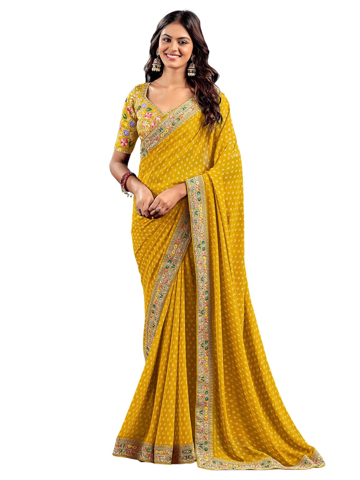 Satrani Women's Georgette Sequence Embroidery Lace & Bandhani Printed Saree With Unstitched Blouse Piece (4115S908N_Yellow)