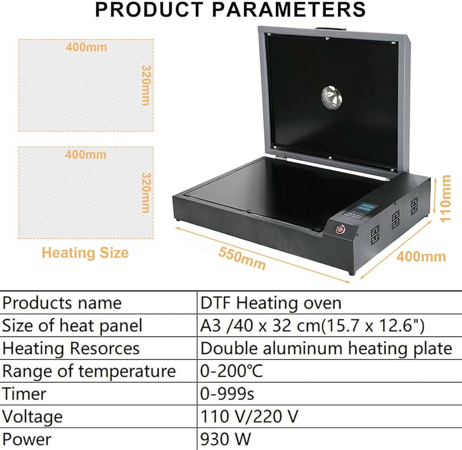 Máquina Curado DTF con Horno Secador 930W, Temporizador Ajustable 0 a 200°C y 1 a 999 S, Horno de Transferencia de Calor DTF para Impresión de Película de Transferencia Térmica en Ropa