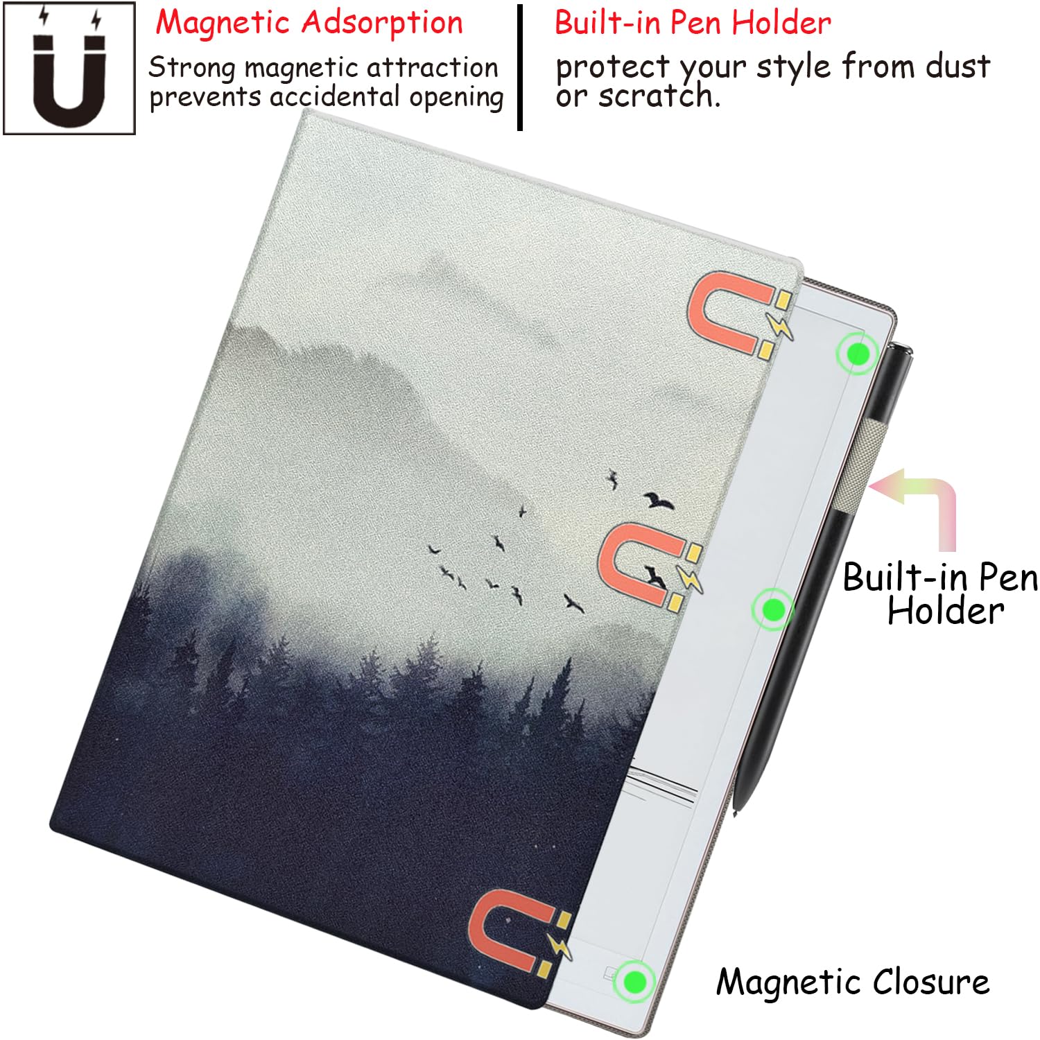 Custodia a libro con supporto magnetico per iFLYTEK AINOTE 2 (2025) ultra sottile e leggera in pelle PU di alta qualità con portapenne integrato, spegnimento automatico (foresta nebbiosa)