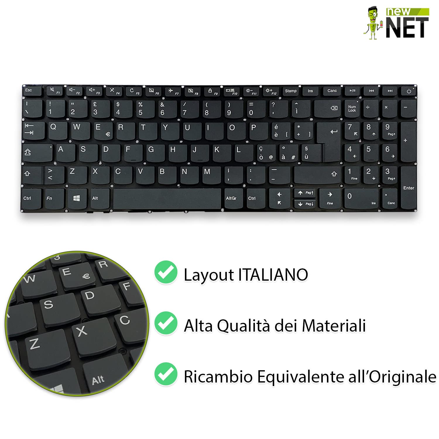 new net - Tastiera Compatibile con Notebook Lenovo IdeaPad S145-15IIL (Type 81W8) S145-15IWL (Type 81MV) V140-15IWL (Type 81K6) [Senza Frame - Tasti Grigio Scuro - Italiana]